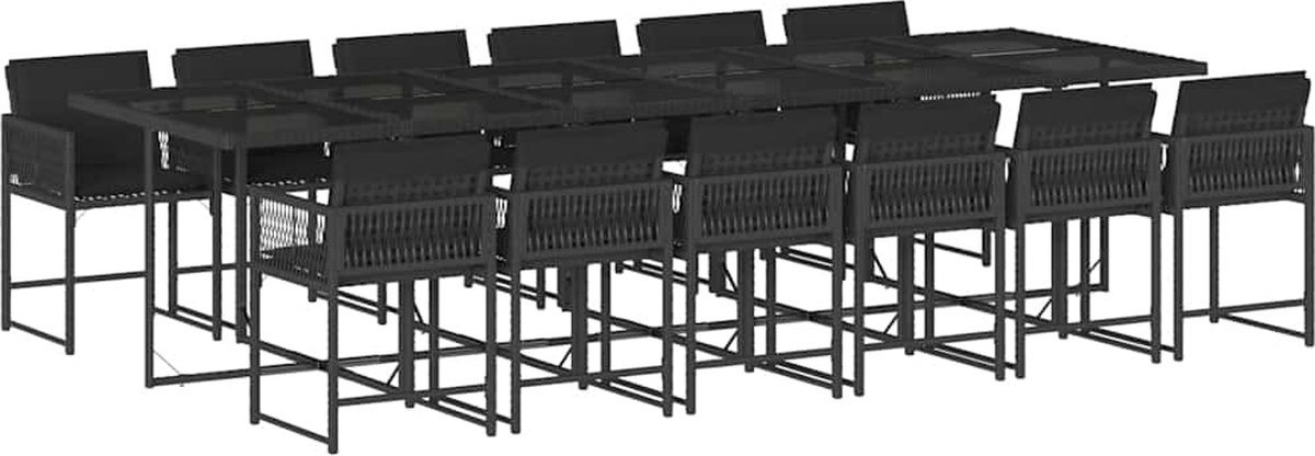 Zwart poly rattan tuinset met kussens voor buiten - Eetkamerset.