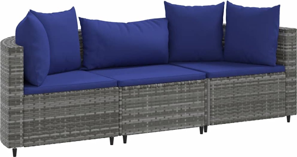 The Living Store 3-delige Loungeset met kussens poly rattan grijs - Loungebank - Tuinset - Lounge Set - Buitenshuis Zitten - Tuinmeubels