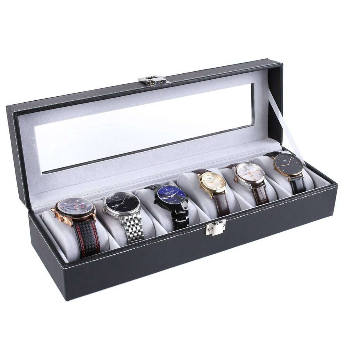 Bolt Edge Horlogebox - Opbergbox - 6 Stuks - Zwart - Hout Fluweel - Dames en Heren
