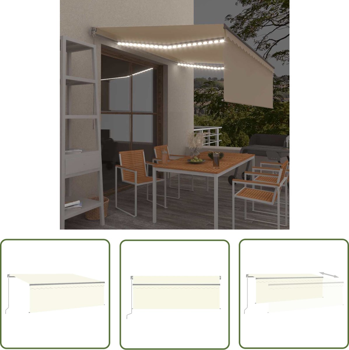 Retractable manual awning with roller blind and LED lights in cream color, measuring 4.5x3 meters.