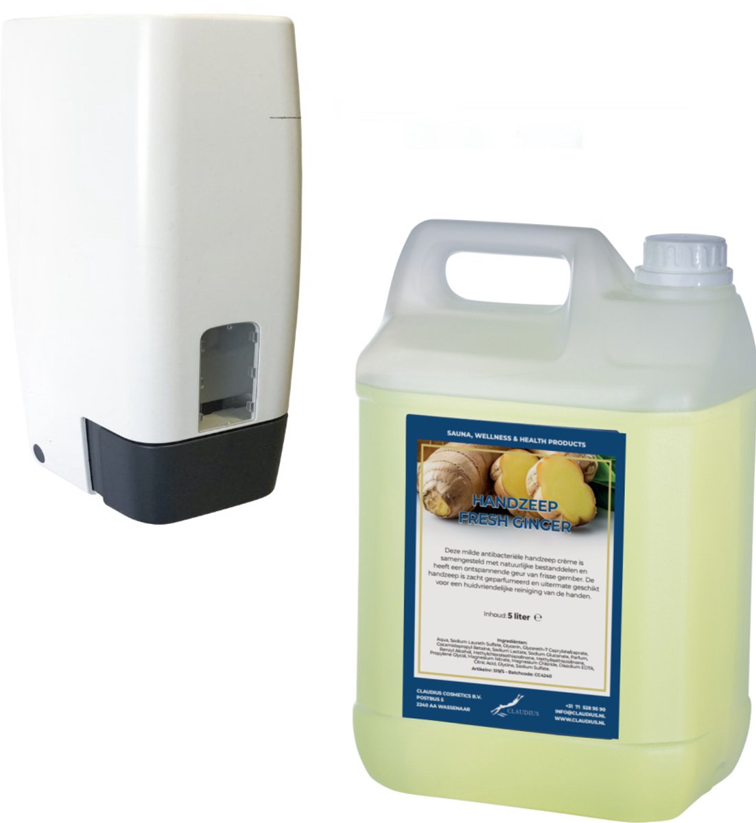 Zeepdispenser 1 liter kunststof hervulbaar + 5 liter handzeep Fresh Ginger