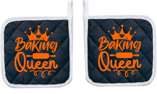 Lot de 2 Maniques Eizook bleu marine imprimées - BAKING QUEEN en ORANGE - Manique en Katoen doux avec polyester Manique résistante à la chaleur jusqu'à 250°C
