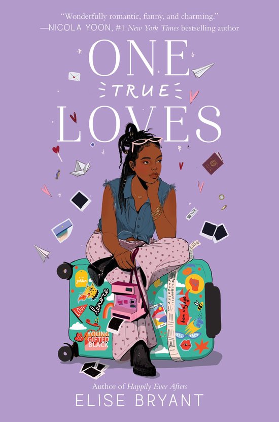 Een meisje met zonnebril en knotjes zit op een koffer vol stickers. De titel 'One True Loves' staat in grote letters.
