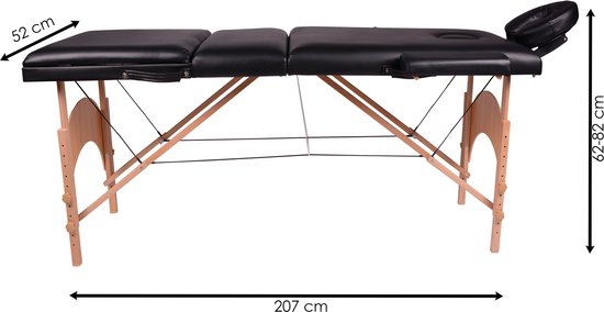 Afmetingen van de zwarte Alora massagetafel: lengte 207 cm, breedte 52 cm, hoogte 62-82 cm.