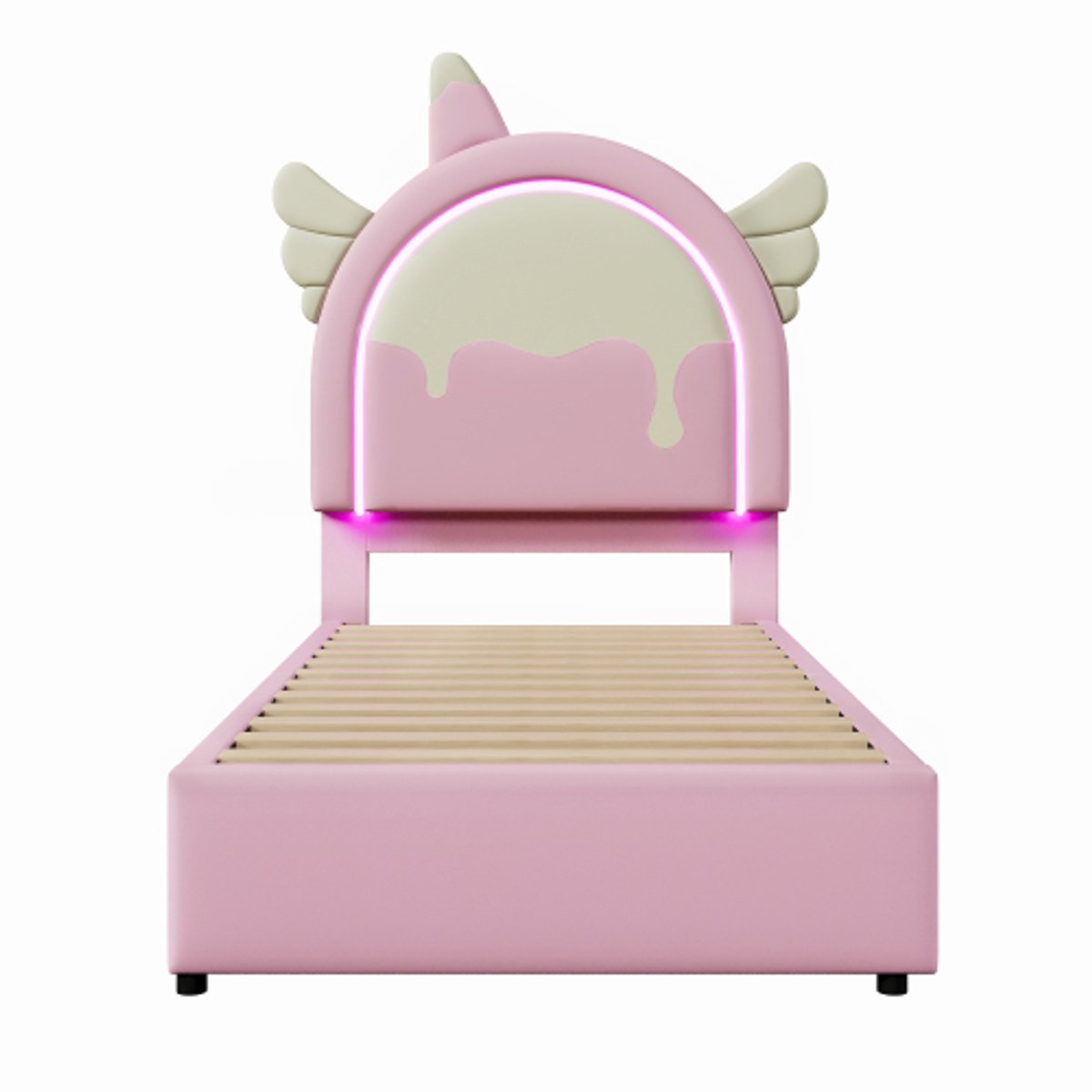 GOTAGEE Gestoffeerd bed, 90 x 200 cm, zonder matras, met lichtstrip, bed met 2 lades, eenhoornvorm, PU, roze