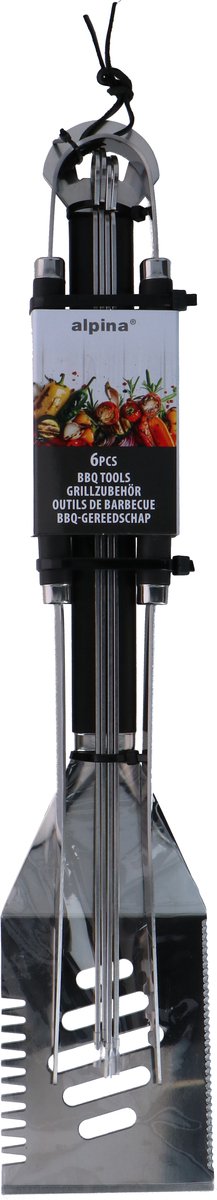 alpina BBQ Gereedschap Set – 6-Delige Barbecue Set met Spatel, BBQ Tang en Vleesvork – Inclusief 4 Spiezen – Roestvrij Staal – Ideaal voor Grillen van Vlees en Groenten