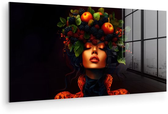 MuchoWow® Glasschilderij 120x60 cm - Schilderij acrylglas - Vrouw - Zwart - Bessen - Bramen - Appels - Foto op glas - Muurdecoratie woonkamer - Wanddecoratie slaapkamer - Schilderijen