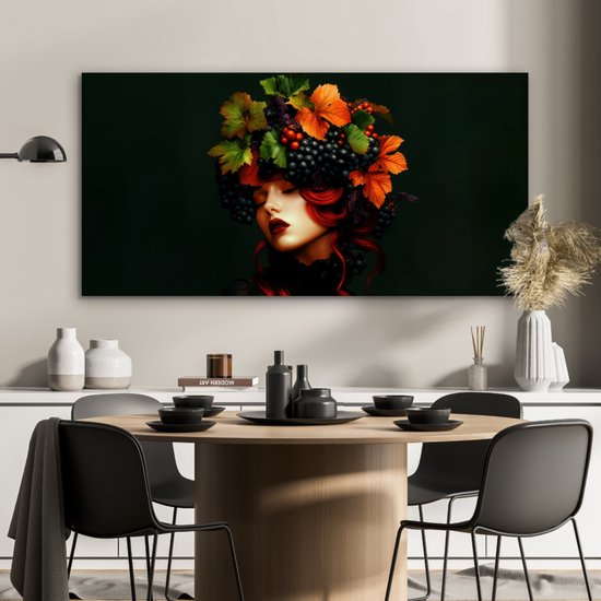 Aluminium schilderij 120x60 cm - Wanddecoratie metaal - Vrouw - Rood - Groen - Druiven - Metalen muurdecoratie woonkamer - Decoratie industrieel - Foto op dibond - Industriële accessoires slaapkamer