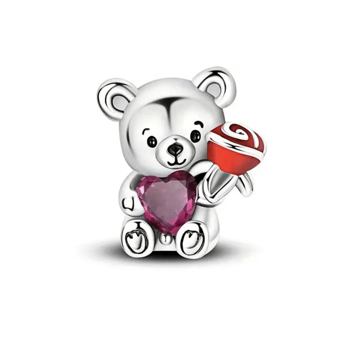Fler® | Bedel | Past op populaire bedelarmbanden (standaard - 3mm) | Teddybeer met hart en roos liefdesbedel | Hangbedel Charm | 925 sterling zilver | Rode zirkonia | Rode & Zwarte emaille | Armband Kraal | Valentijnsdag Cadeau | Sinterklaas kado