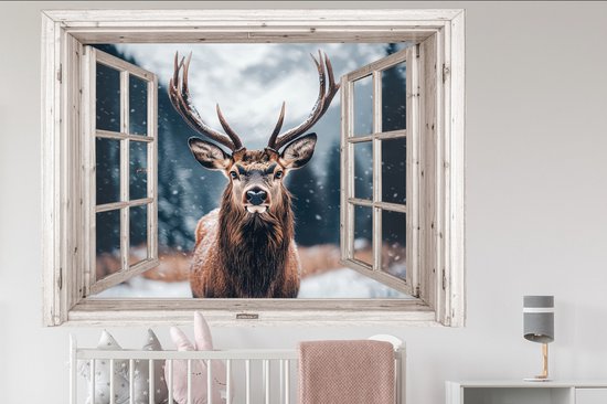 Stickers muraux - Film autocollant - Cerf - Animaux - Paysage - Hiver - Neige - Vue - Nature - 160x120 cm - Film adhésif - Stickers muraux chambre enfant - Papier peint autocollant XXL - Papier peint autocollant - Film autocollant