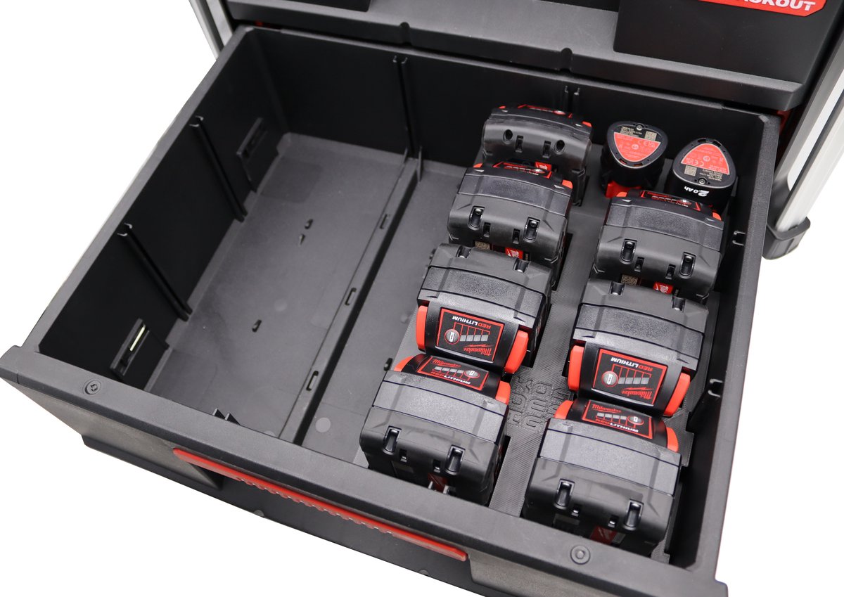 Milwaukee Packout 2 lades kist inzet – Professioneel 3D geprint voor M18 + M12 accu’s - Gereedschapskoffer insert | Organizer voor batterijen | Packout accessoire