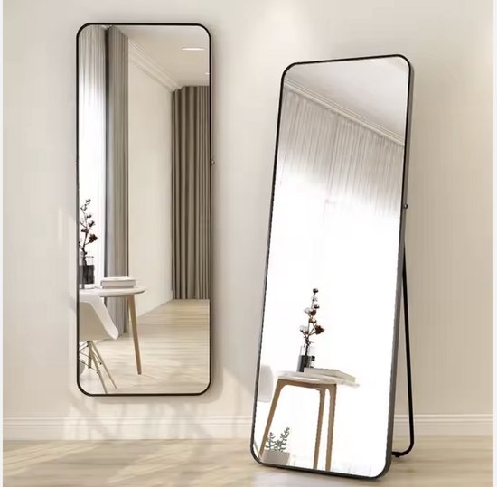 Luxaliving Passpiegel -Spiegel Staande- Zwart - Ovale Randen - Moderne Spiegel - Veiligheidsglas - Passpiegel 160x50cm - Staande spiegel met haken - Slaapkamerspiegel - Hangspiegel - Wand spiegel