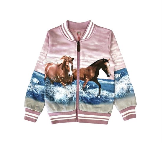 Gilet S&C avec chevaux sur la plage - cheval - veste - Rose - 122/128