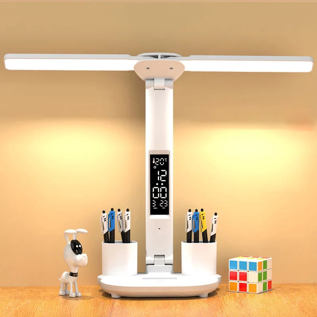 LED Bureaulamp met Dubbele Kop, Vouwbaar Touchscreen, Kalender & Klok, USB Aansluiting – Ideaal voor Bureau & Leeslamp