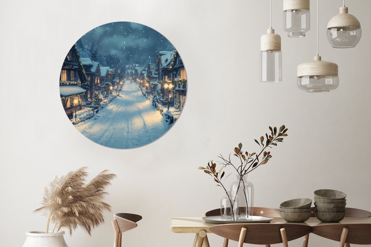 WallCircle Wandcirkel - Muurcirkel - Kerstdorp - Kerst - Sneeuw - Winter - Aluminium - Dibond - 90x90 cm - Binnen en Buiten