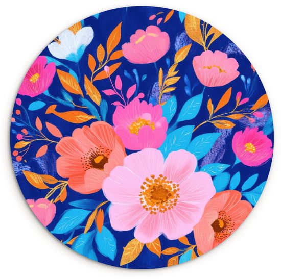 WallCircle® Cercle Mural 60x60 cm - Cercle Mural Fleurs - Blauw - Rose - Décoration murale salon - Décoration murale chambre - Accessoires de décoration de chambre - Tableaux ronds