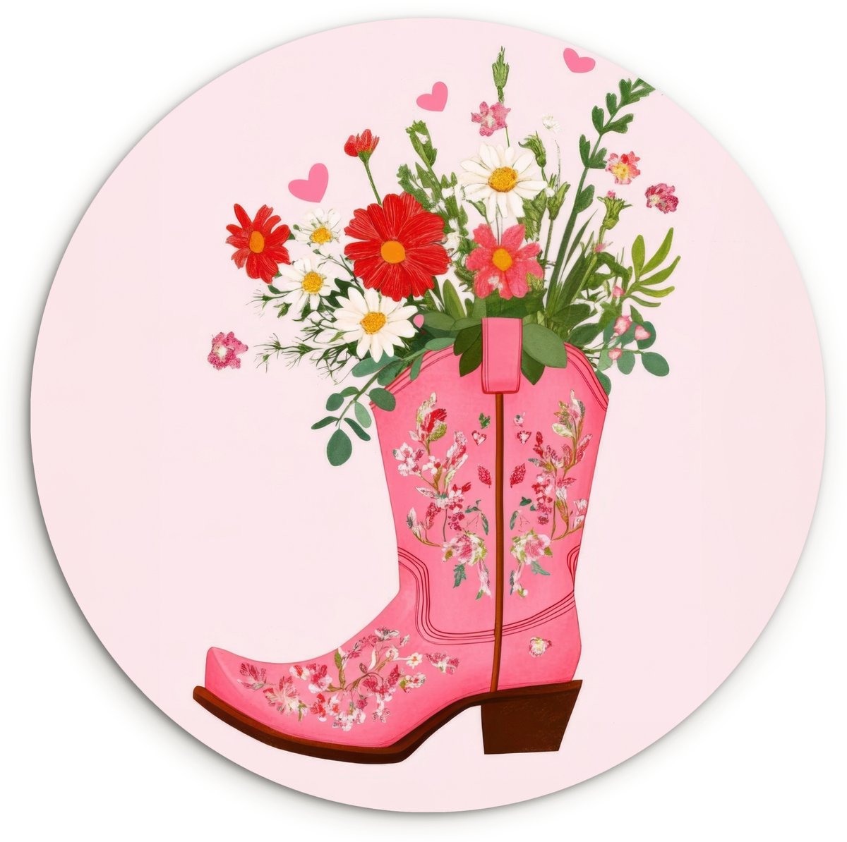 WallCircle Wandcirkel 90x90 cm - Muurcirkel Cowboylaarzen - Roze - Boeket - Bloemen - Muurdecoratie woonkamer - Wanddecoratie slaapkamer - Kamer decoratie accessoires - Ronde schilderijen Cowboylaars - Bloemen