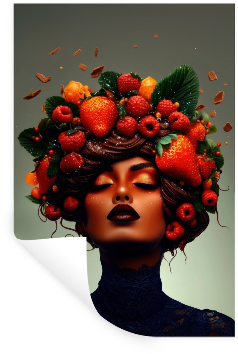Muurstickers - Sticker Folie - Vrouw - Chocolade - Frambozen - Aardbeien - Koekjes - 60x90