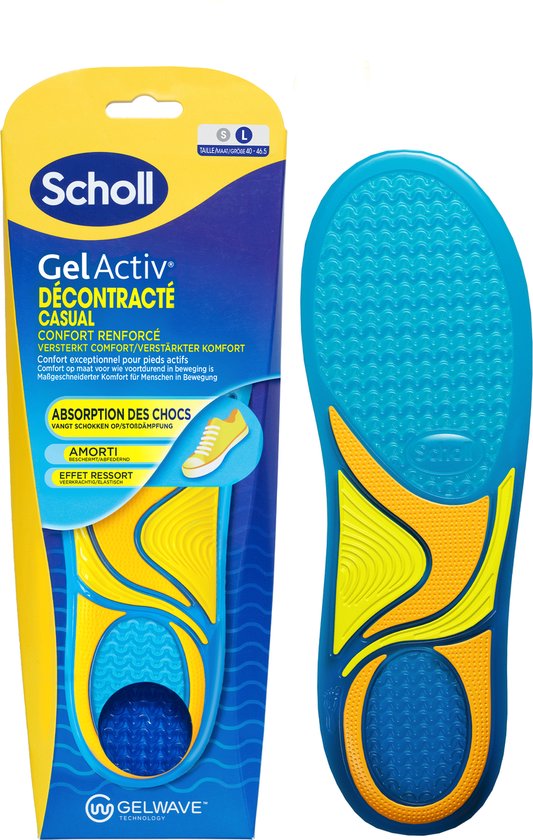 Semelles Scholl GelActiv bleues et jaunes avec technologie GelWave pour l'absorption.