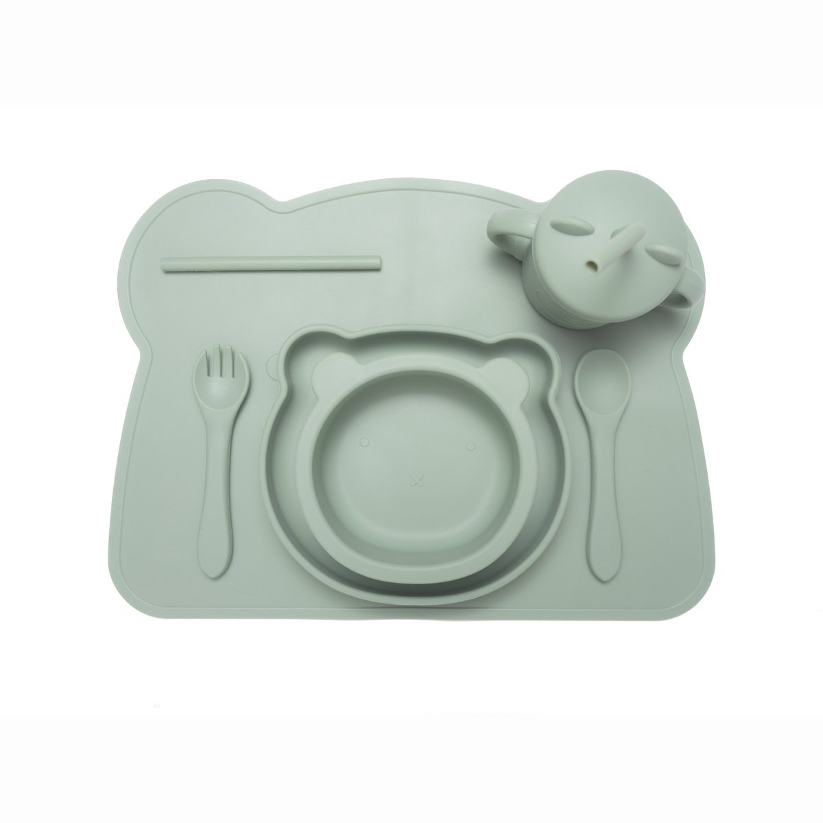Siliconen Eetset EcoBotl - baby's en peuters - Groen - Siliconen Set incl bord, kom, placemat, bestek en rietjesbeker - FDA en LFGB goedgekeurde siliconen - Makkelijk schoon te maken