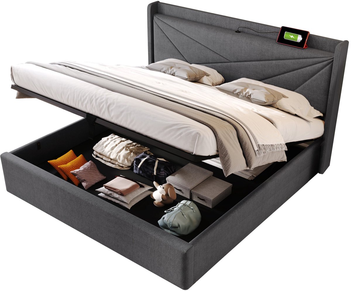 Merax Gestoffeerd Bed met Hydraulisch Opbergruimte – Kingsize 180x200 cm – Tweepersoonsbed met USB en USB-C Aansluiting – Grijs