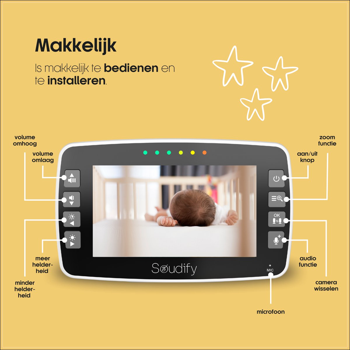Afbeelding 2 van Soudify® 360 Babyfoon met Camera – Nachtzicht & Zoom – ECO Mode – 300m Bereik & Slaapliedjes – Baby Monitor