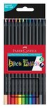 Faber-Castell 12 Black Edition kleurpotloden met zwarte houten omhulsels, bovenaan met kleurenpuntjes, onderaan met gekleurde uiteinden.