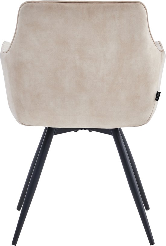 Achterkant beige Adoré Velvet eetkamerstoel met ruitpatroon, zwarte draaipoot.