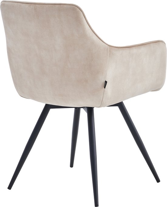 Achterkant beige Adoré Velvet eetkamerstoel met ruitpatroon, zwarte draaipoot.