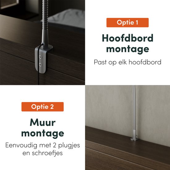 Montageopties voor leeslampjes: hoofdbord- en muurmontage met schroeven.