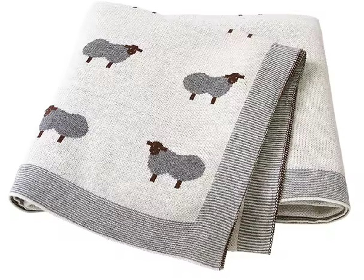 IL BAMBINI Zand/grijs babydeken met schaapjes - 100% katoen extra zacht 100x80cm - Pluisvrije deken - babydekentjes voor wieg of ledikant - kraamcadeau