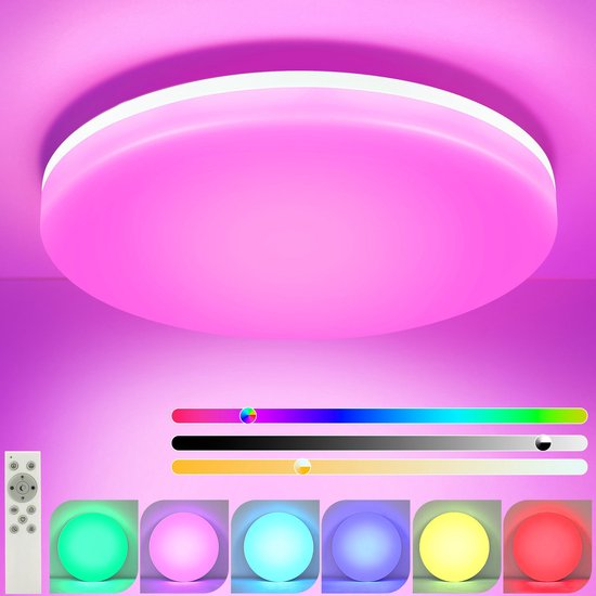 Slimme LED Plafondlamp RGB Kleurvariaties 30W Rond Bluetooth Plafond Lamp Dimbaar met Afstandsbediening Compatibel Alexa Google Home Wifi en APP Bediening, IP26 Badkamerlamp Kinderkamerlamp, 30cm