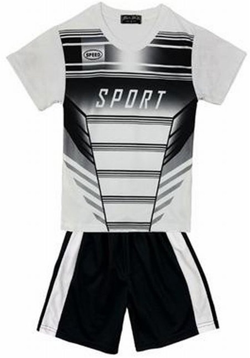 Kinder sport set tenue maat 146/152 tweedelig wit/zwart t-shirt + korte broek sportset sportkleding unisex mooie kwaliteit