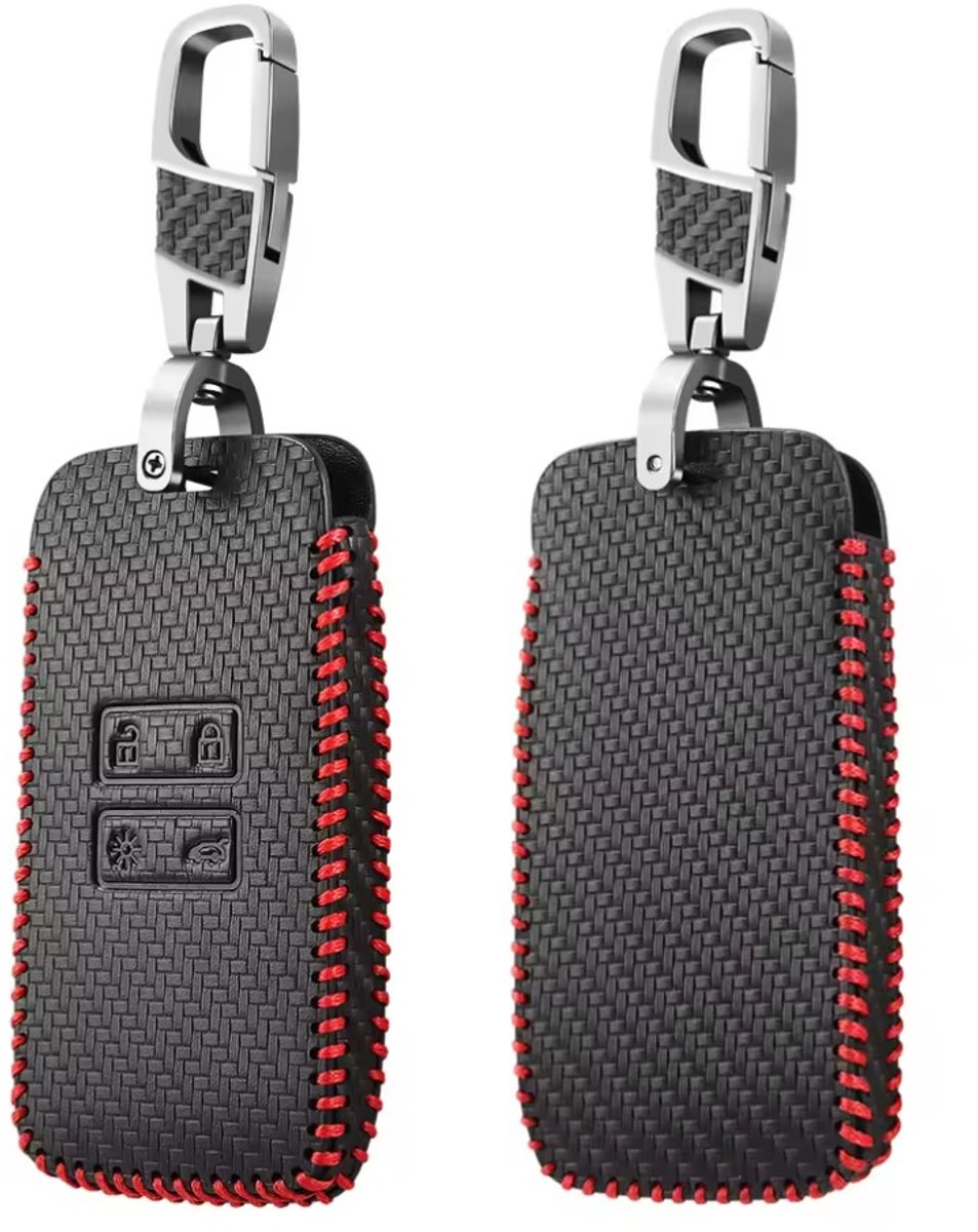 Luxe Autosleutel Hoes – Zwart met Rood Stiksel - sleutelbehuizing berschermhoes met carbonlook zwarte afwerking Key Case key cover voor Renault Megane Captur Zoe Espace 5 Clio Arcan Arkana Kadjar voor Dacia Duster
