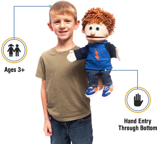 Jongen van ongeveer 6 jaar houdt handpop Tommie vast. Handpop draagt blauw shirt met bliksemschicht, spijkerbroek en sneakers. Aangegeven is 'Ages 3+' en 'Hand Entry Through Bottom'.