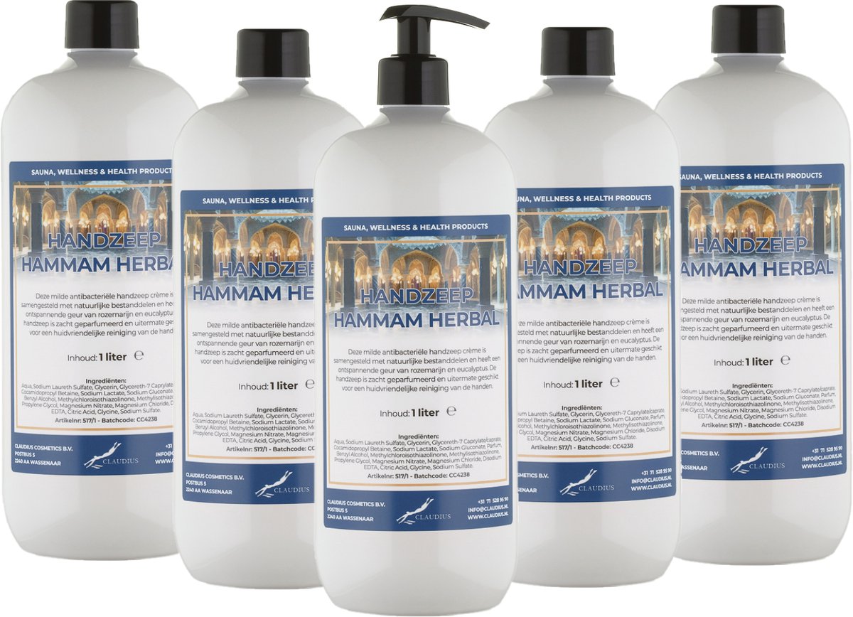 Handzeep Hammam Herbal 1 liter - met gratis pomp - set van 5 stuks - Voordeelverpakking