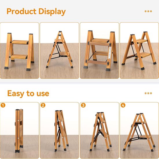KULACO Inklapbare trapladder, 2 treden, inklapbaar, aluminium vouwladder, draagbare trapladder, antislip huishoudladder, tot 150 kg, multifunctionele ladder, houtnerf, design voor keuken, badkamer