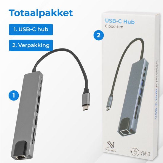 Nuvance USB C Hub - HDMI 4K - Splitter - Docking Station - Micro & SD kaart lezer - Ethernet - USB C Laptop Opladen