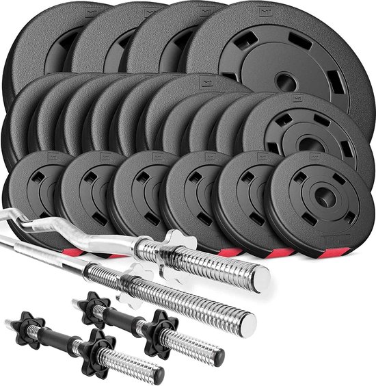 Een set zwarte halterplaten met rode accenten en zilveren halters. Diverse maten platen liggen opgestapeld.