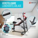 Een fitnessbank met verstelbare haltersteunen, geïntegreerde dip-handgrepen en een veilig systeem.