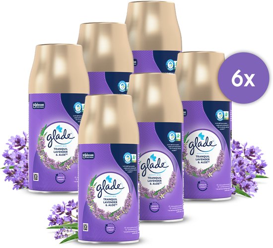 Glade automatische spray navullingen lavendel & aloë. Gouden dop, paars met bloemenprint etiket. Zes stuks, met paarse bloemen.