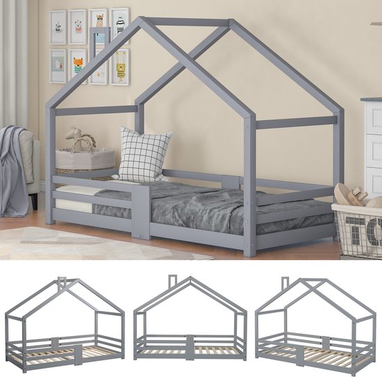 Kinderbed Huisbed met Schoorsteen, Valbeveiliging, Robuuste Lattenbodems, Grenen Houten Huisbed voor Kinderen, 90x200 cm Zonder Matras, Grijs