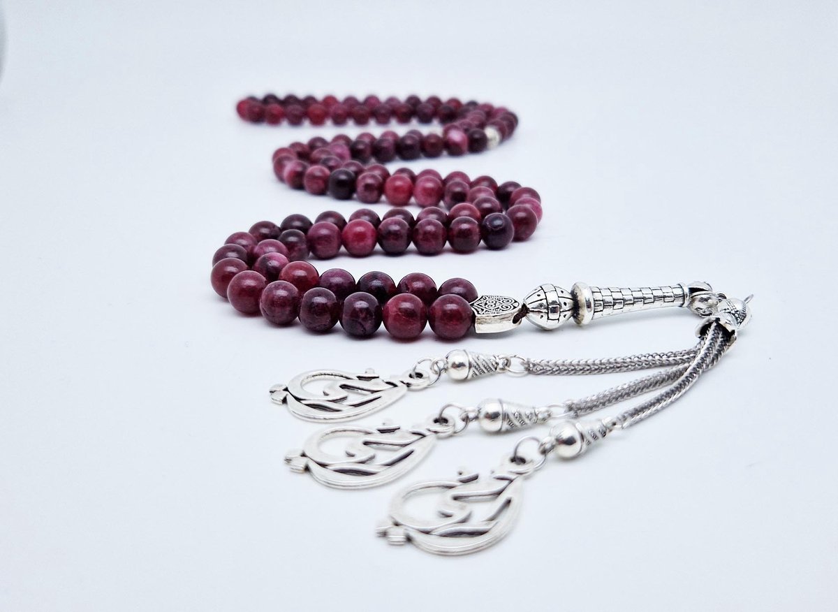 Handgemaakte tesbih "Tasbih" natuursteen "Lepidolite" - Aantal kralen 99 - Diameter kralen 8MM - met metaal tassel "Mijn moeder" - Een mooi cadeau-idee