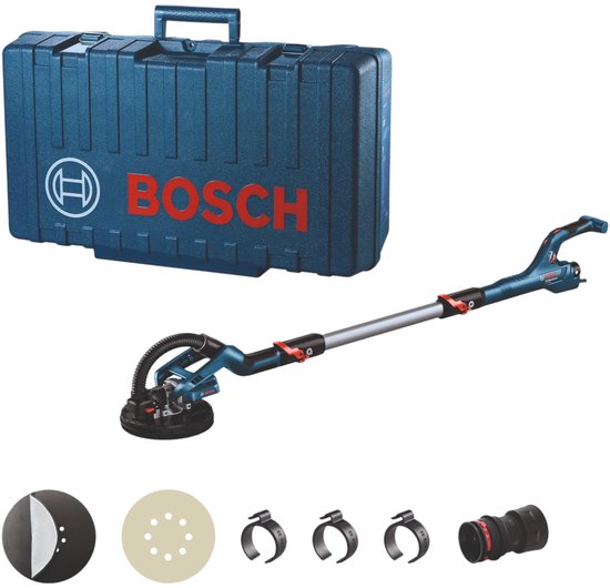 Bosch muurschuurmachine, blauwe koffer en accessoires.