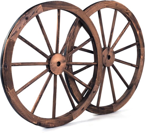 Roue de voiture Costway, ensemble de 2 pièces, marron, roue en bois avec tôle d'acier, wagon en bois, roue de wagon décorative, 76x76x3,5 cm