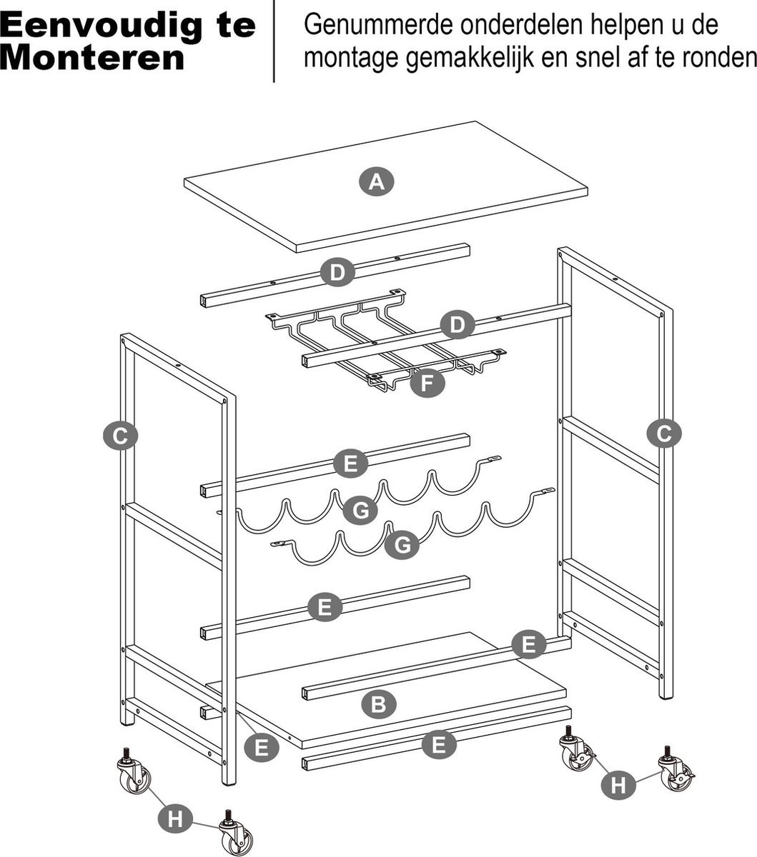 VinoDiMontagna Wijnrek - Keukentrolley - Wijnkast - Serveerwagen Op Wieltjes incl. Remmen - Barkast - 75 x 60 x 40 cm - Wijnfleshouder - Wijnglazenhouder - Zwart – foto 5