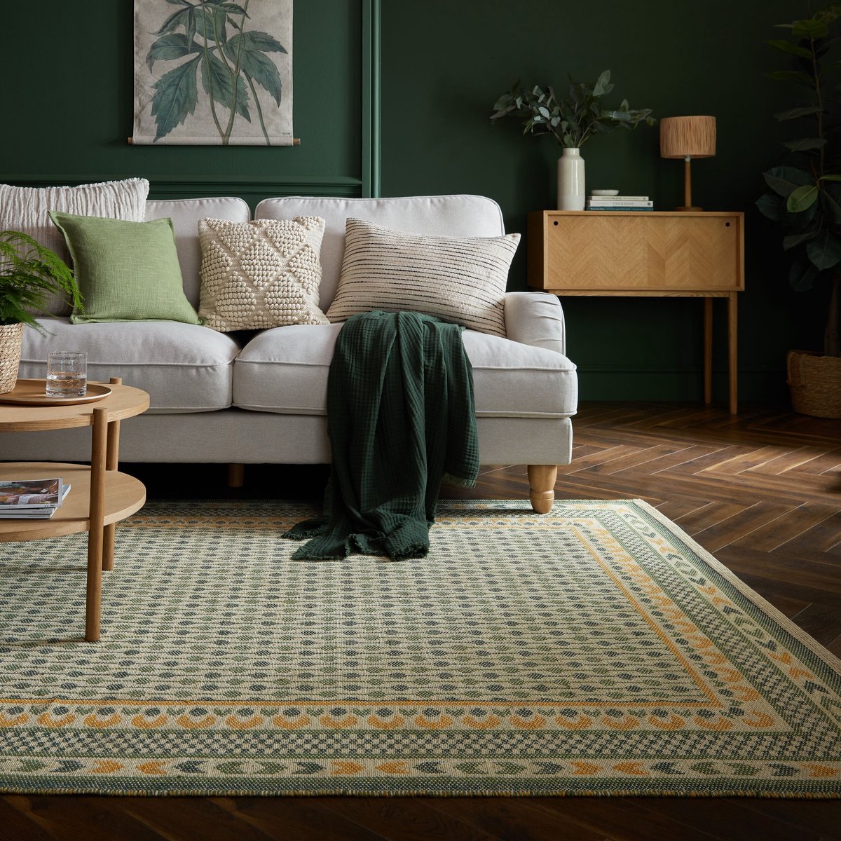 flycarpets Laagpolig Geweven Jute Vloerkleed - Rand - Kader - Groen 120x170 cm