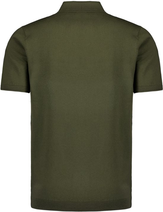 Legergroen gebreid poloshirt voor heren, korte mouwen, van achteren.