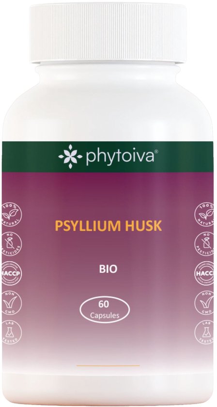 Phytoiva | Fibre de psyllium biologique | Fibre de cosse de psyllium | Capsules de fibres de psyllium | Superfood | 500 mg | 60 gélules | 100% naturel