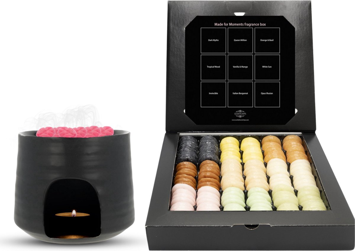 Scentchips Deluxe Moments Cadeauset - Waxmelts Geschenkdoos (144 Geurchips) & Geurbrander – Luxe Huisparfum Giftbox – Chique Zwart